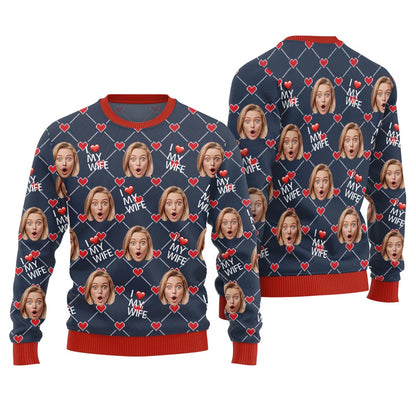 I Love My Wife Custom Face And Text Christmas Sweater
