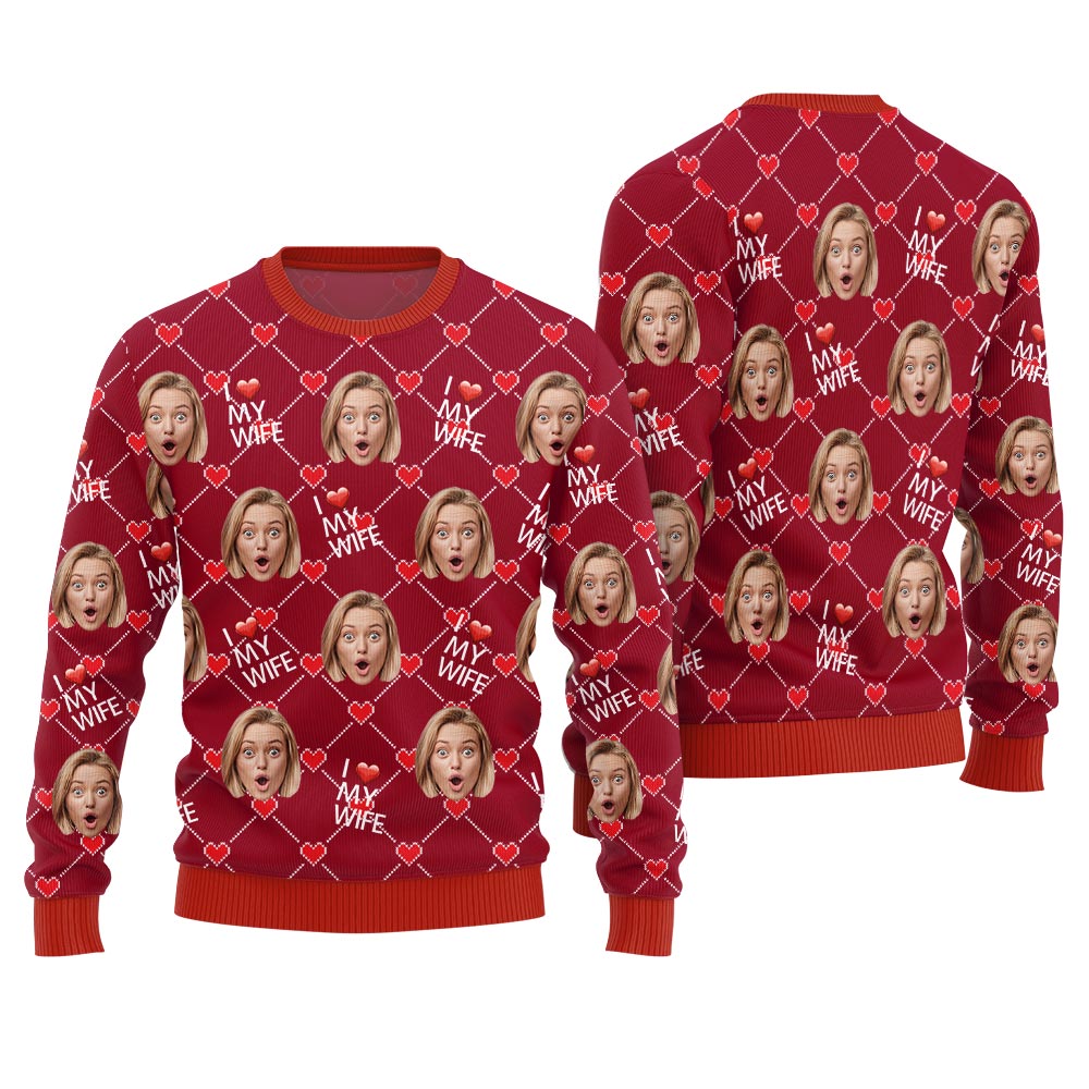 I Love My Wife Custom Face And Text Christmas Sweater