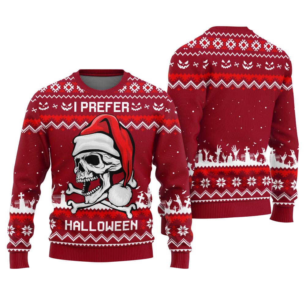 I Prefer Halloween Ugly Sweater Adults Red