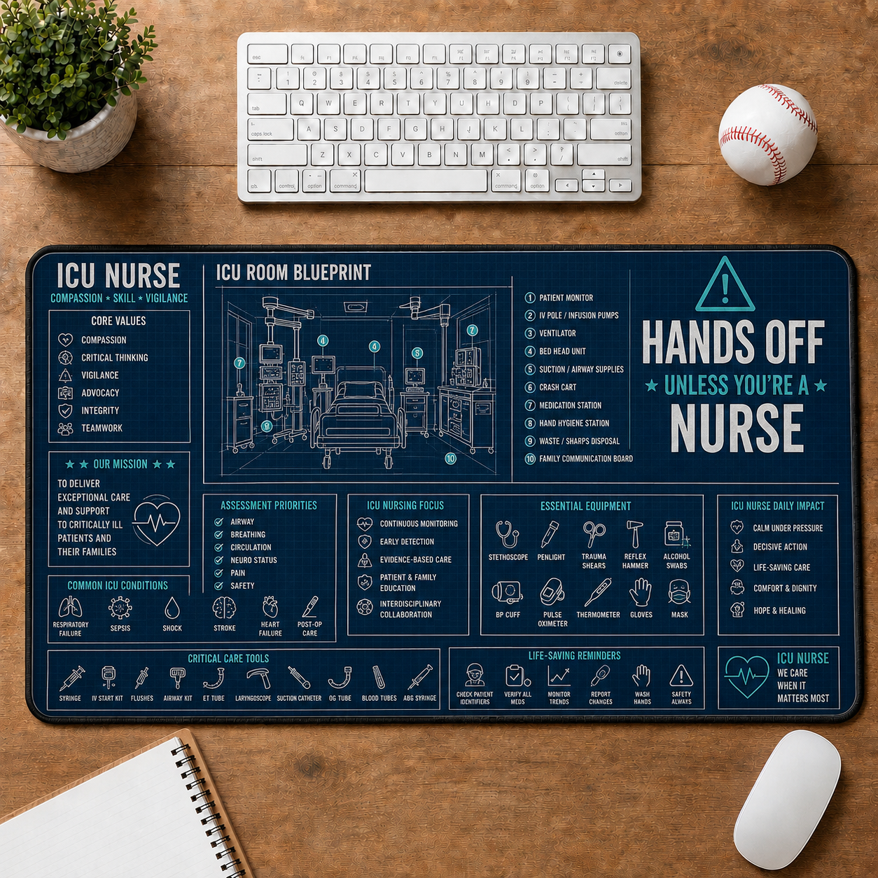Dental Clinic Blueprint Large Desk Mat - Dentist Chair & Tooth Anatomy Plus Size Mouse Pad - 5to9vibe