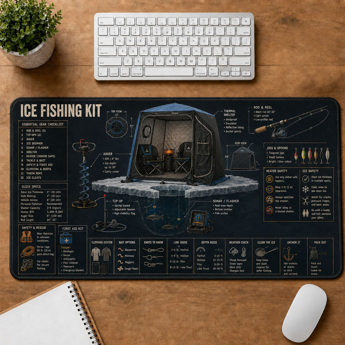 Ice Fishing Kit Fishing Field Guide Desk Mat | 5To9Vibe