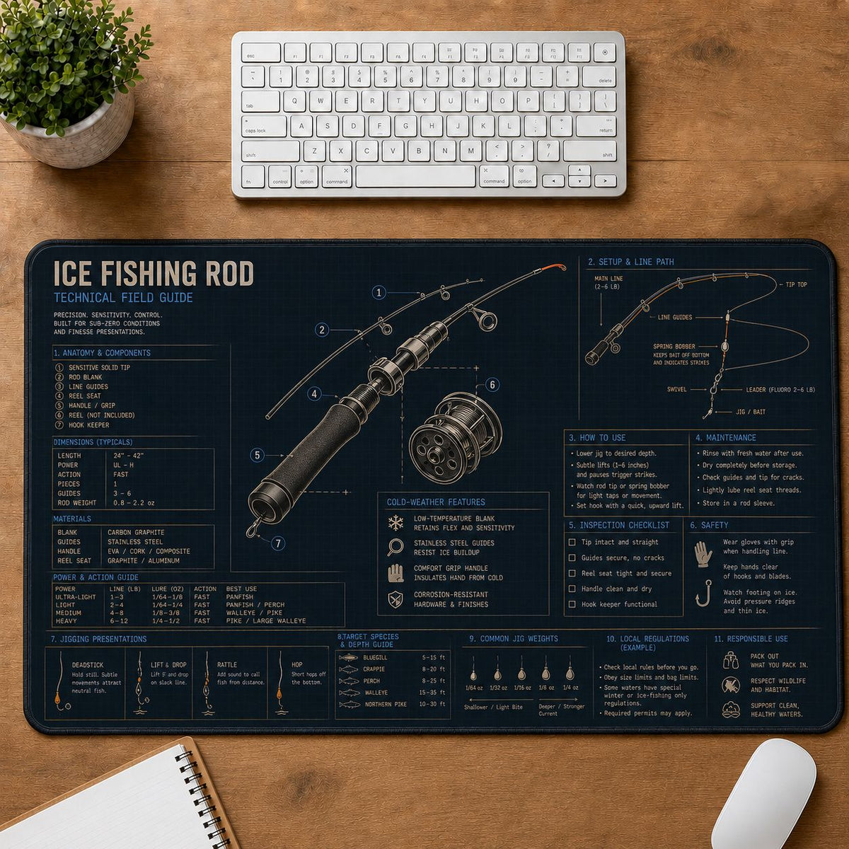 Ice Fishing Rod Fishing Field Guide Desk Mat | 5To9Vibe