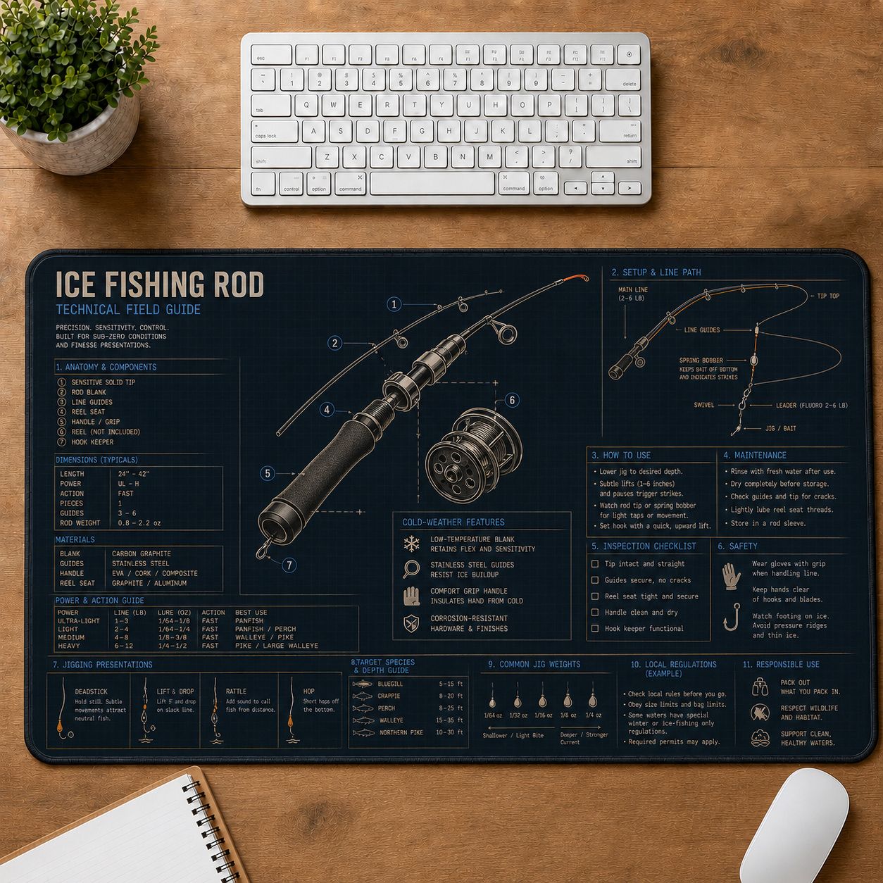Ice Fishing Rod Fishing Field Guide Desk Mat | 5To9Vibe