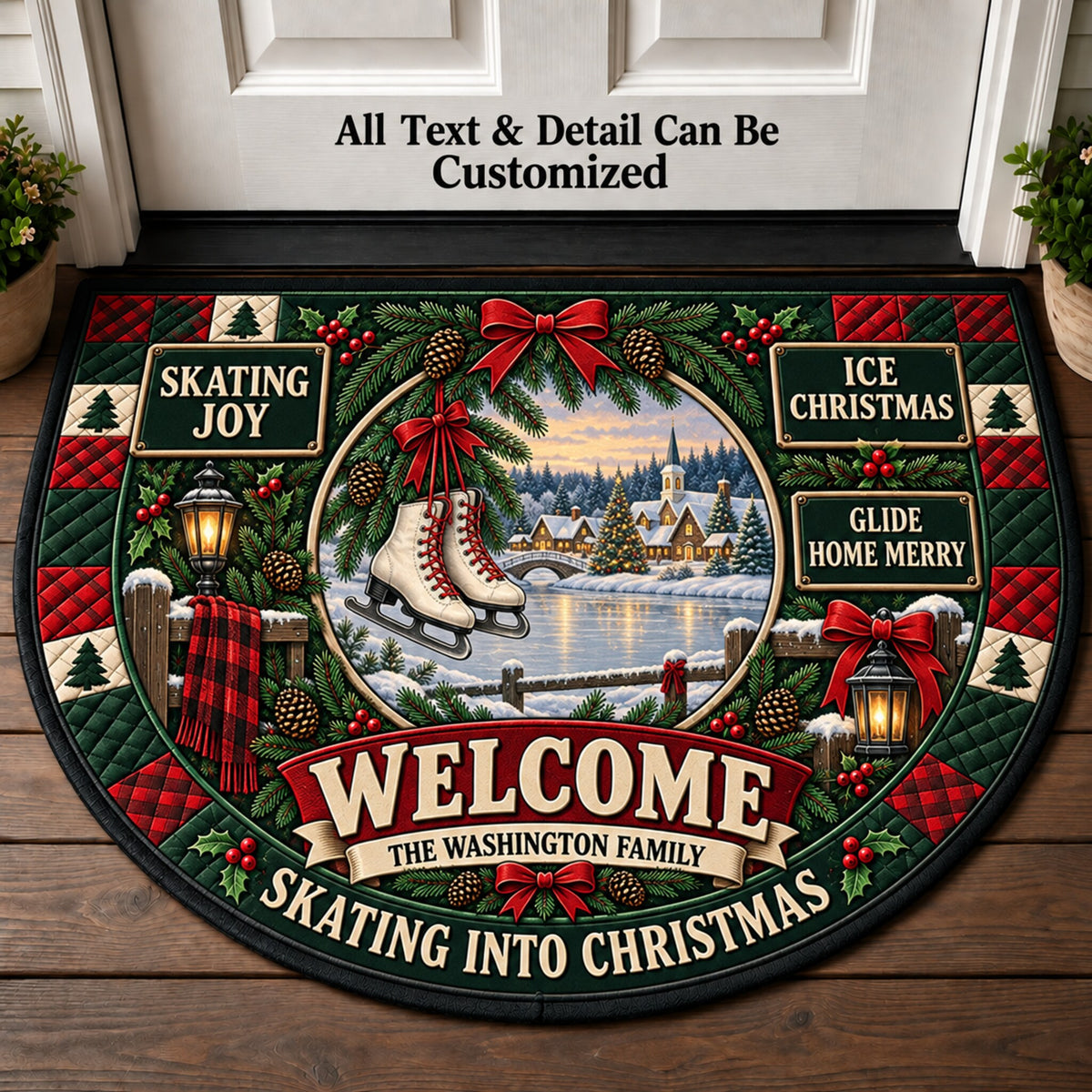 Ice Skating Christmas Personalized Half Round Mat | 5To9Vibe