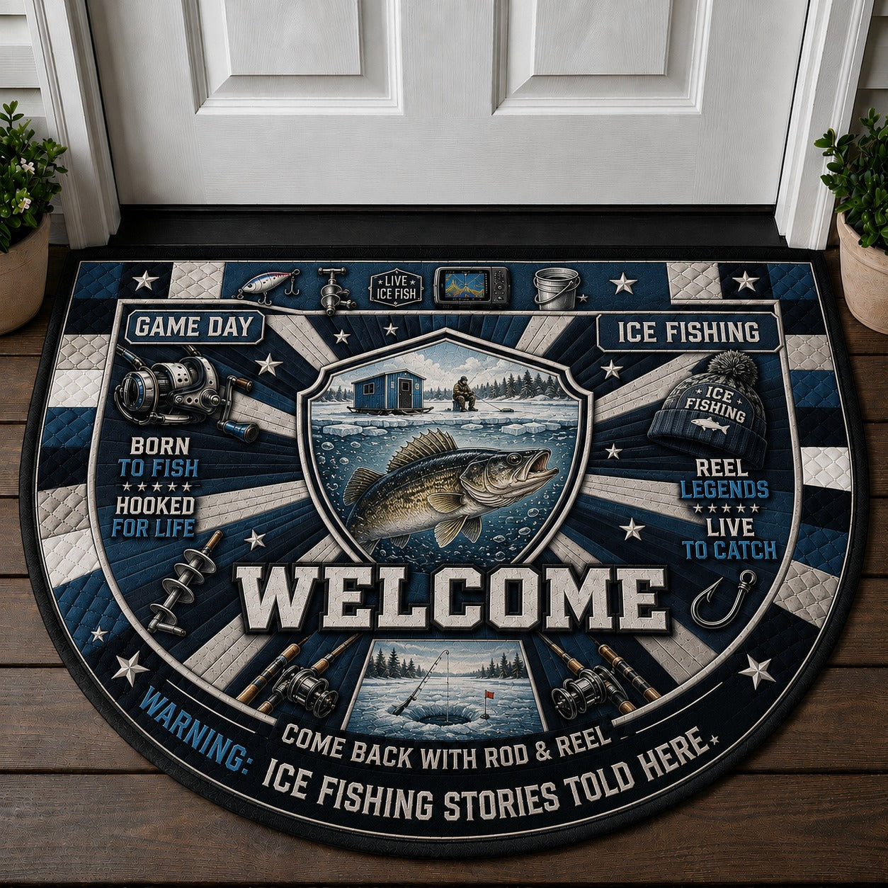 Ice Fishing Winter Adventures Quilted Print Premium Welcome Mat – Personalized Doormat
