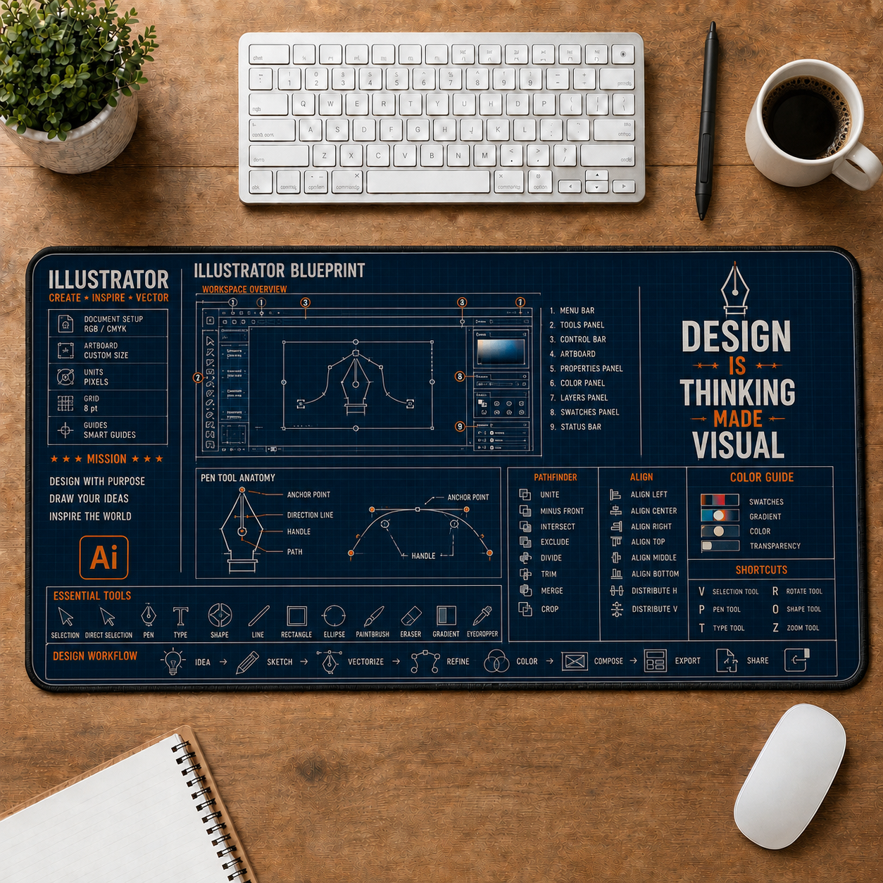 Architect Blueprint Large Desk Mat - House Floor Plan & Drafting Tools Plus Size Mouse Pad - 5to9vibe