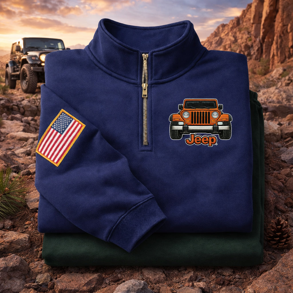 Sudadera prémium unisex Jeep bordada con cremallera de cuarto, suéter con cremallera de cuarto inspirado