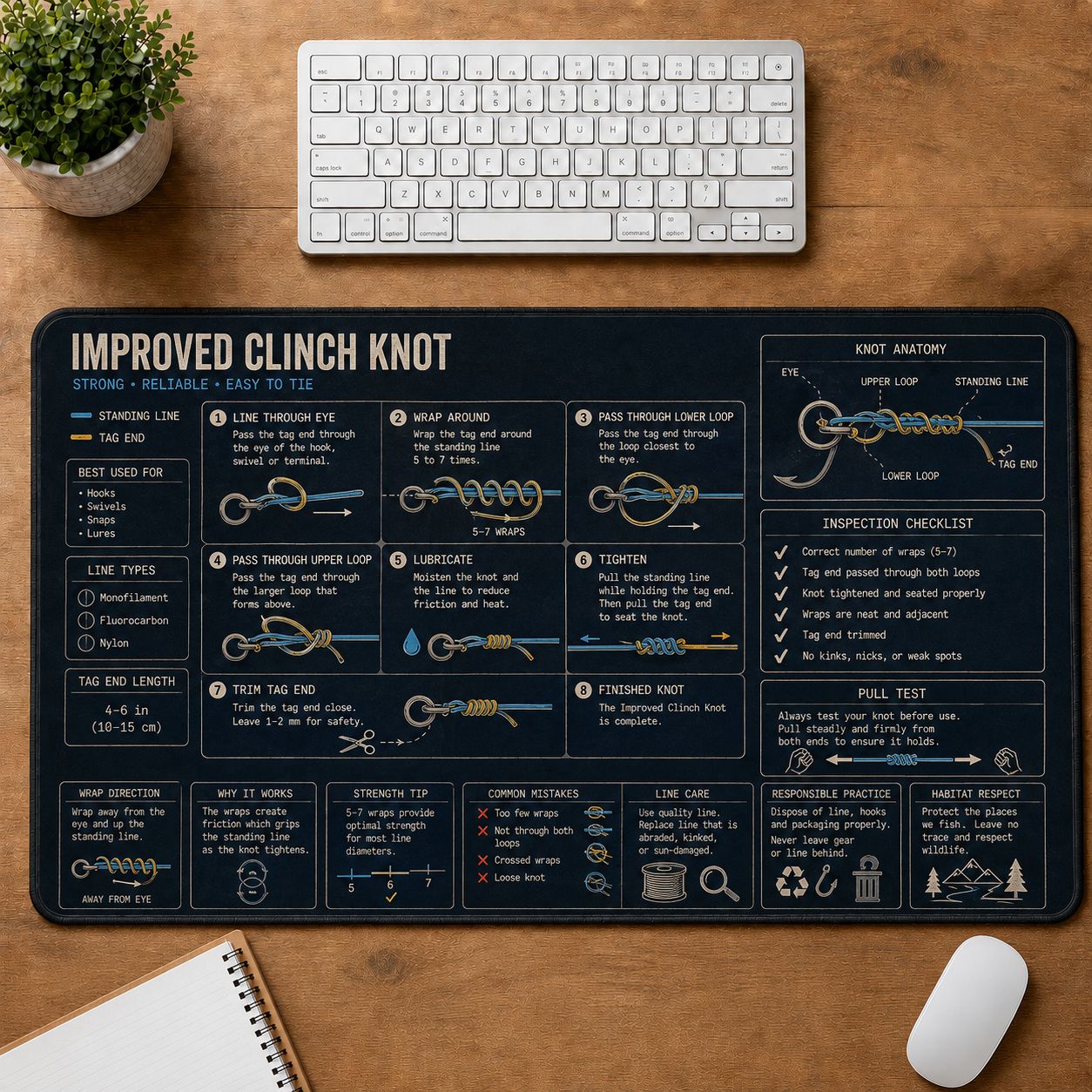 Improved Clinch Knot Fishing Field Guide Desk Mat | 5To9Vibe