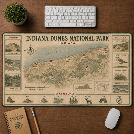 Indiana Dunes National Park Vintage Topographic Park Map Explorer Guide Desk Mat | 5To9Vibe