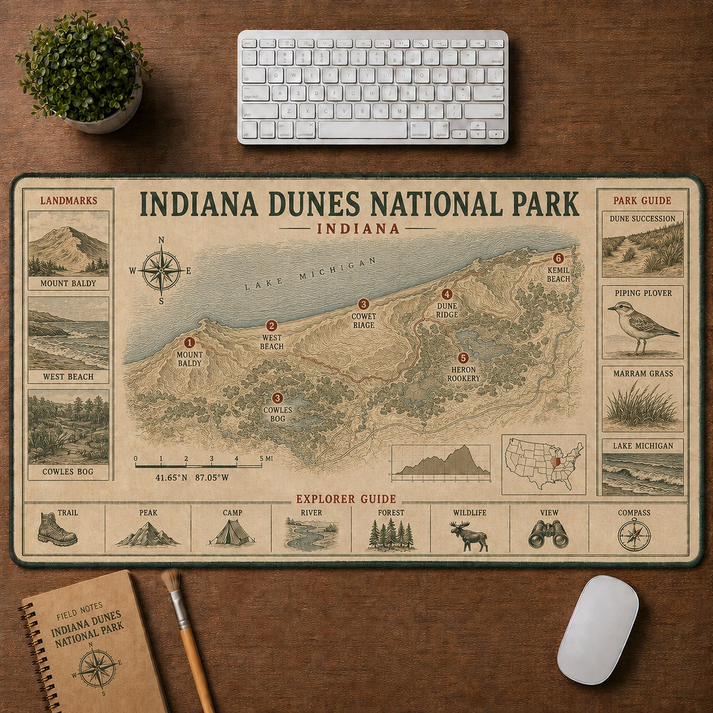 Indiana Dunes National Park Vintage Topographic Park Map Explorer Guide Desk Mat | 5To9Vibe