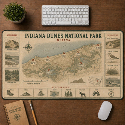 Indiana Dunes National Park Vintage Topographic Park Map Explorer Guide Desk Mat | 5To9Vibe
