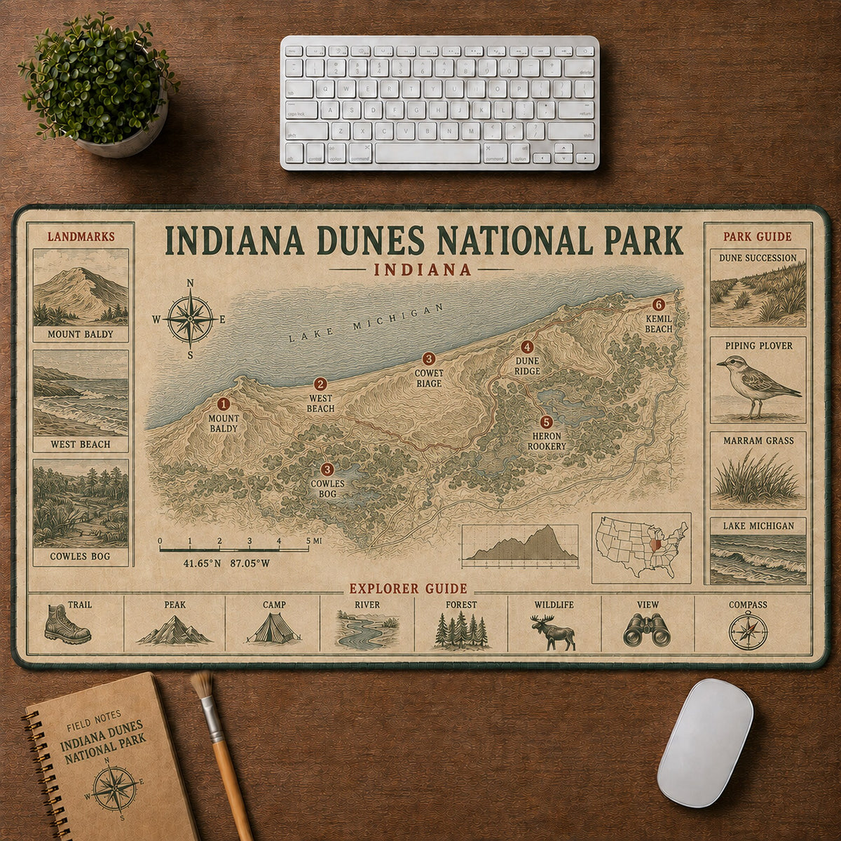 Indiana Dunes National Park Vintage Topographic Park Map Explorer Guide Desk Mat | 5To9Vibe