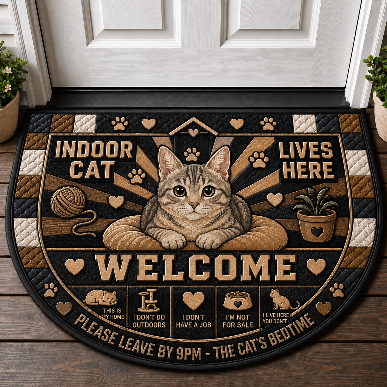Indoor Cat Lives Here Doormat - Funny Cat Bedtime Welcome Mat - 5to9vibe
