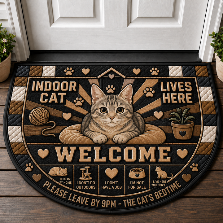 Indoor Cat Lives Here Doormat - Funny Cat Bedtime Welcome Mat - 5to9vibe