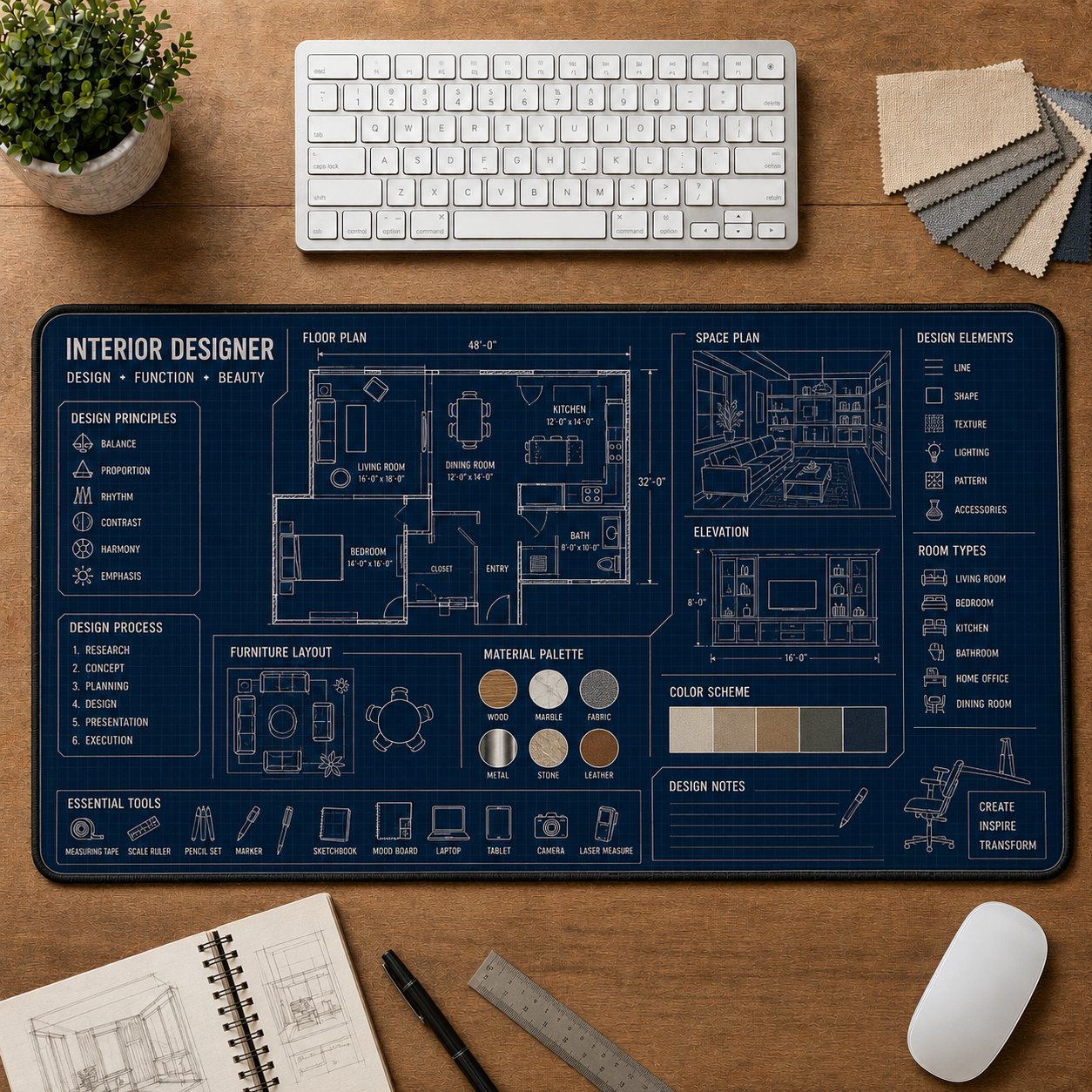 Architect Blueprint Large Desk Mat - House Floor Plan & Drafting Tools Plus Size Mouse Pad - 5to9vibe