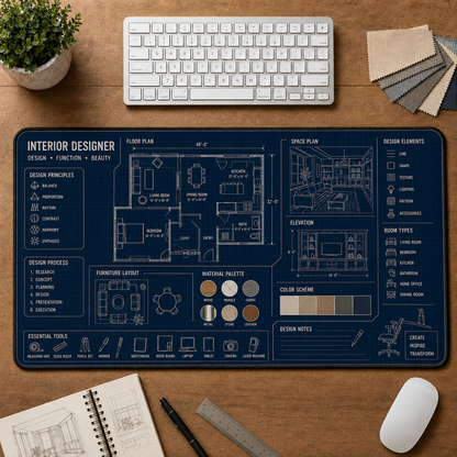 Architect Blueprint Large Desk Mat - House Floor Plan & Drafting Tools Plus Size Mouse Pad - 5to9vibe