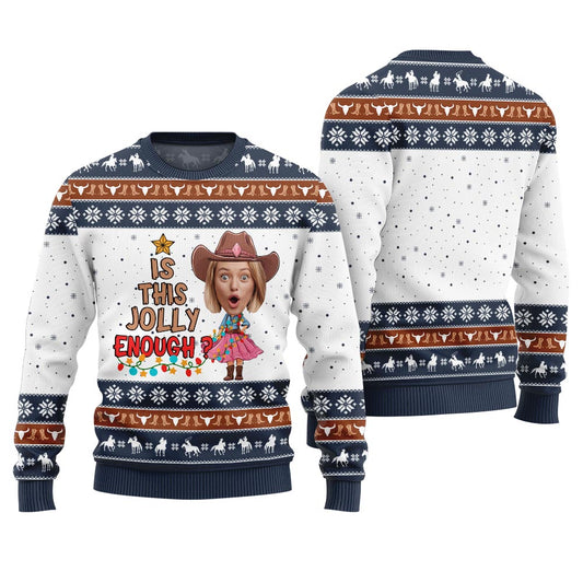 Is This Jolly Enough Custom Face Cowgirl Ugly Sweater Navy