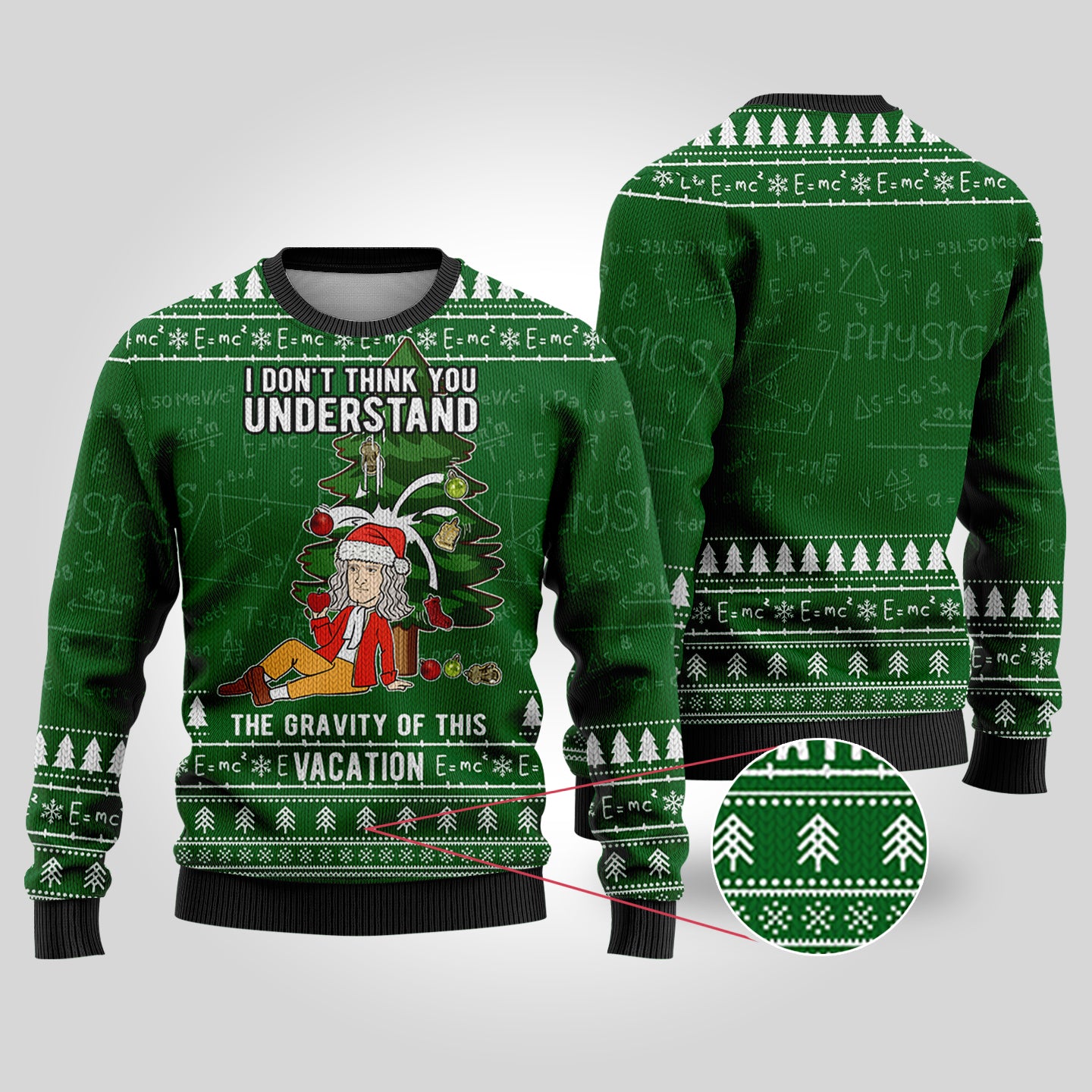 Isaac Newton Science Ugly Christmas Sweater Forest Green