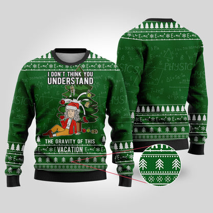 Isaac Newton Science Ugly Christmas Sweater Forest Green