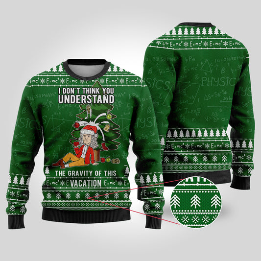 Isaac Newton Science Ugly Christmas Sweater Forest Green