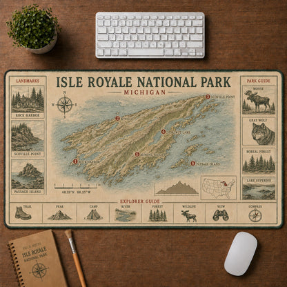 Isle Royale National Park Vintage Topographic Park Map Explorer Guide Desk Mat | 5To9Vibe