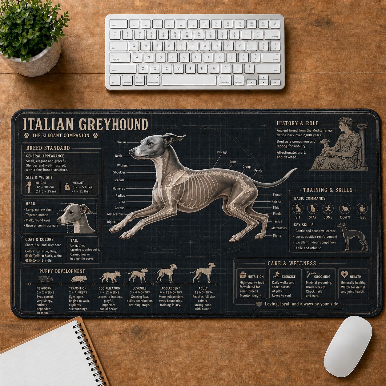 Italian Greyhound Dog Breed Visual Guide Desk Mat | 5To9Vibe