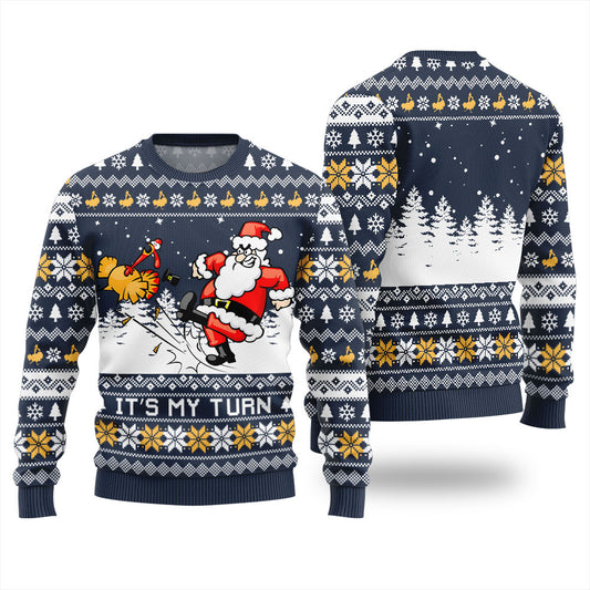 Festive It's My Turn Santa Turkey Thanksgiving Sweater Navy