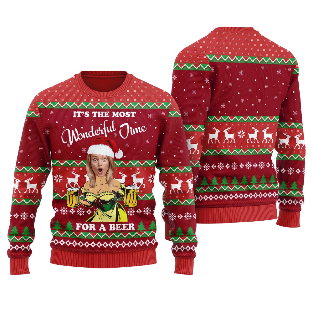 Custom Face Xmas Sweater Its The Most Wonderful Time For A Beer For Women