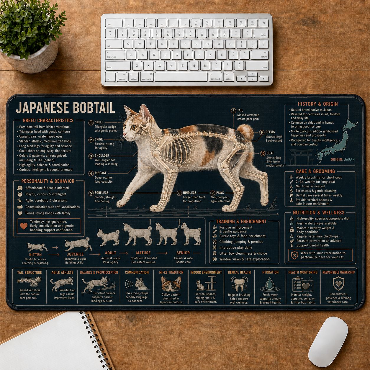 Japanese Bobtail Cat Breed Desk Mat Anatomy Guide | 5To9Vibe