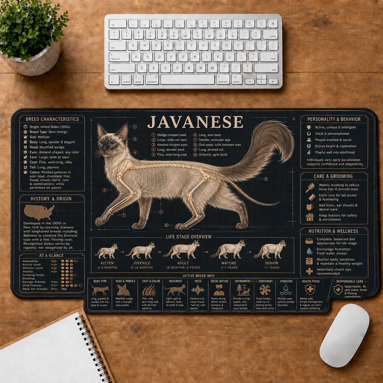 Javanese Cat Breed Desk Mat Anatomy Guide | 5To9Vibe