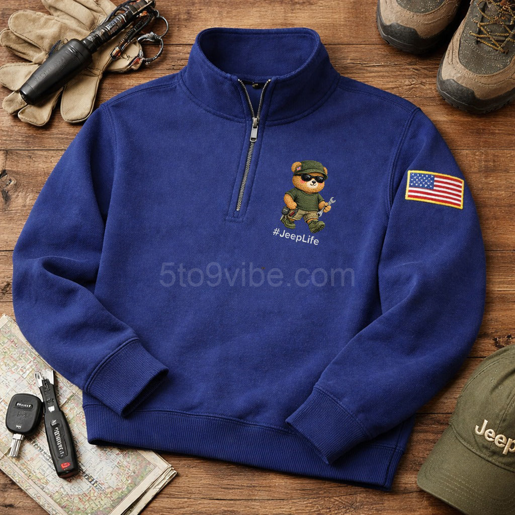 Jeep Life Embroidered Quarter Zip Sweatshirt, Funny Jeep Life Bear Pullover, Men's Casual Zip Up Jacket, Gift for Jeep Lover Dad