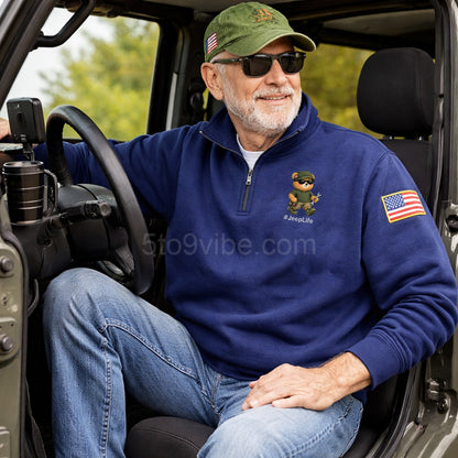 Jeep Life Embroidered Quarter Zip Sweatshirt, Funny Jeep Life Bear Pullover, Men's Casual Zip Up Jacket, Gift for Jeep Lover Dad