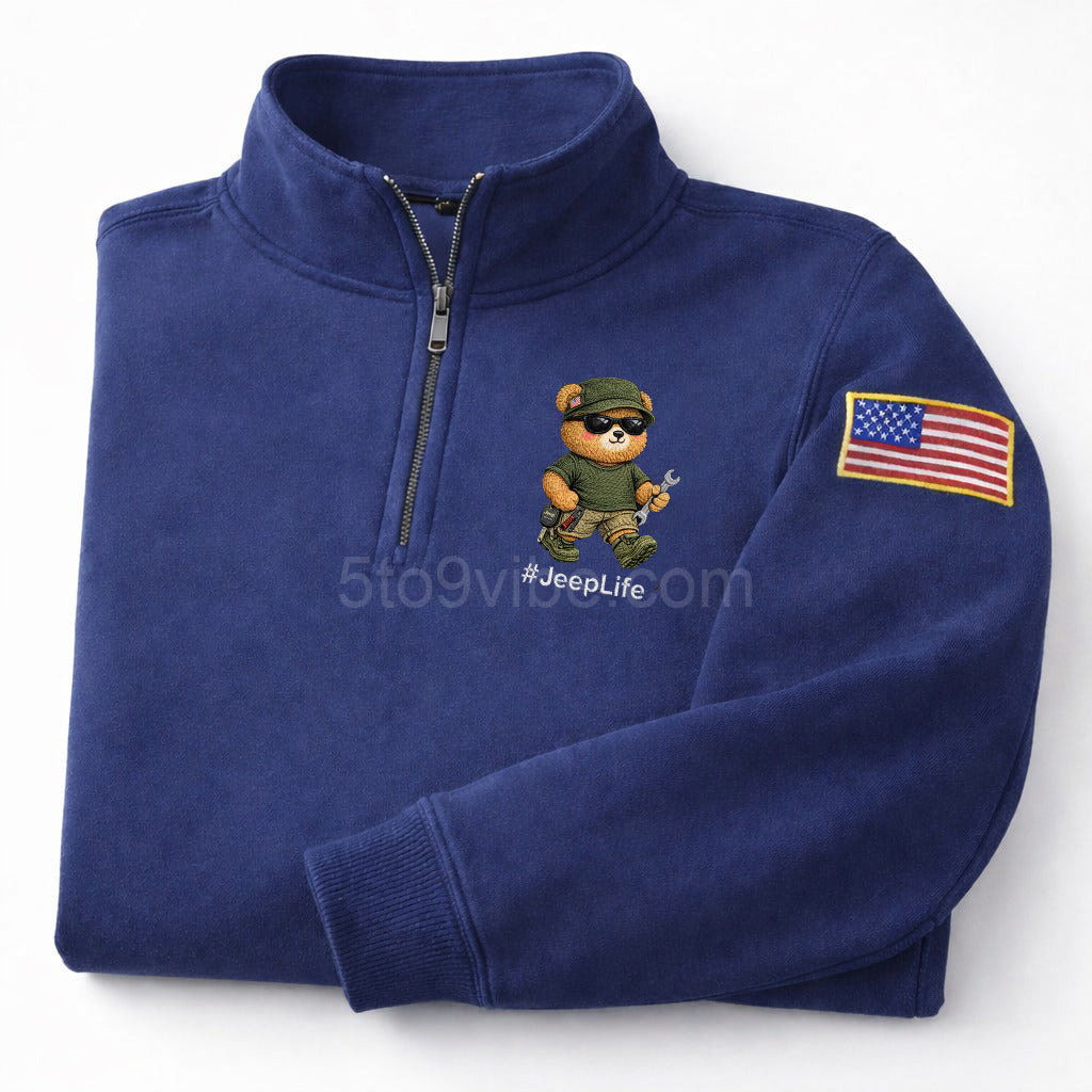 Jeep Life Embroidered Quarter Zip Sweatshirt, Funny Jeep Life Bear Pullover, Men's Casual Zip Up Jacket, Gift for Jeep Lover Dad