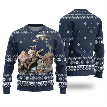Jesus Riding On A Dinosaur Ugly Sweater Womens