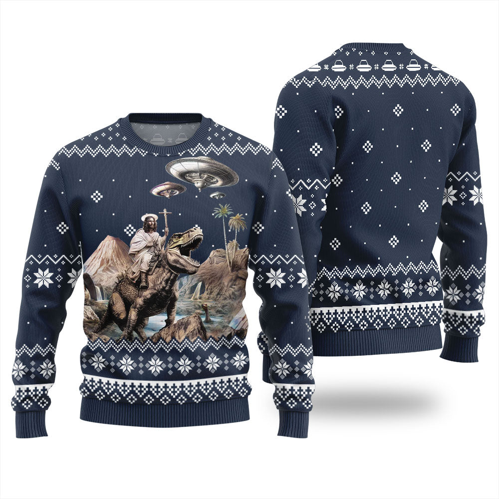 Jesus Riding Dinosaur Mens Ugly Sweaters For Christmas