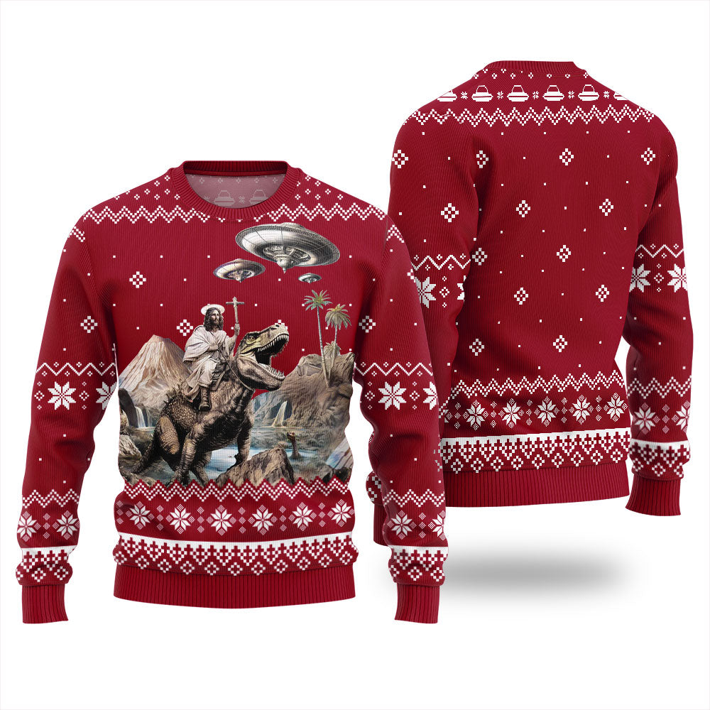 Jesus Riding On A Dinosaur Ugly Sweater Womens