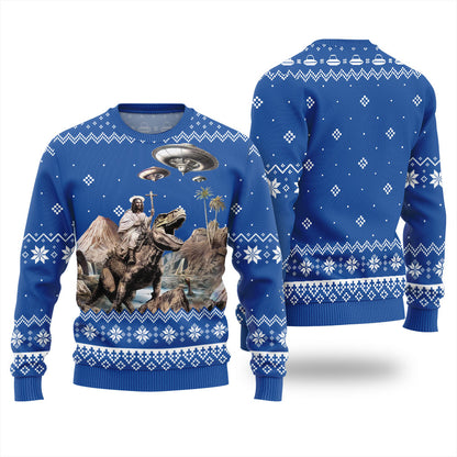Jesus Riding Dinosaur Mens Ugly Sweaters For Christmas