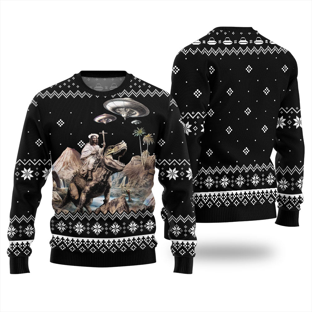 Jesus Riding Dinosaur Mens Ugly Sweaters For Christmas