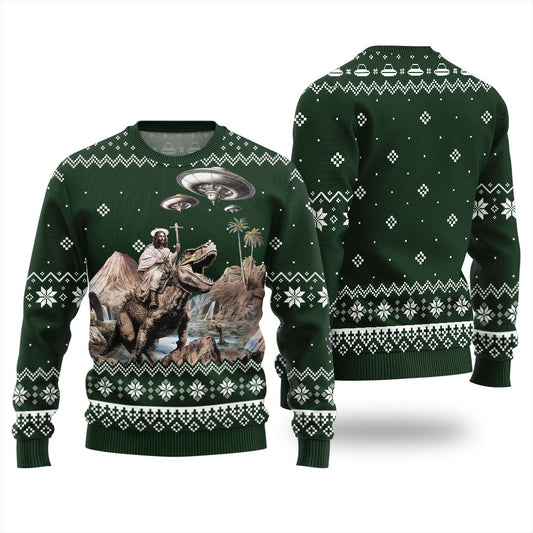 Jesus Riding Dinosaur Mens Ugly Sweaters For Christmas