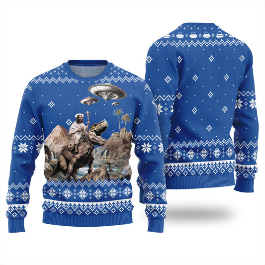 Jesus Riding On A Dinosaur Ugly Sweater Womens