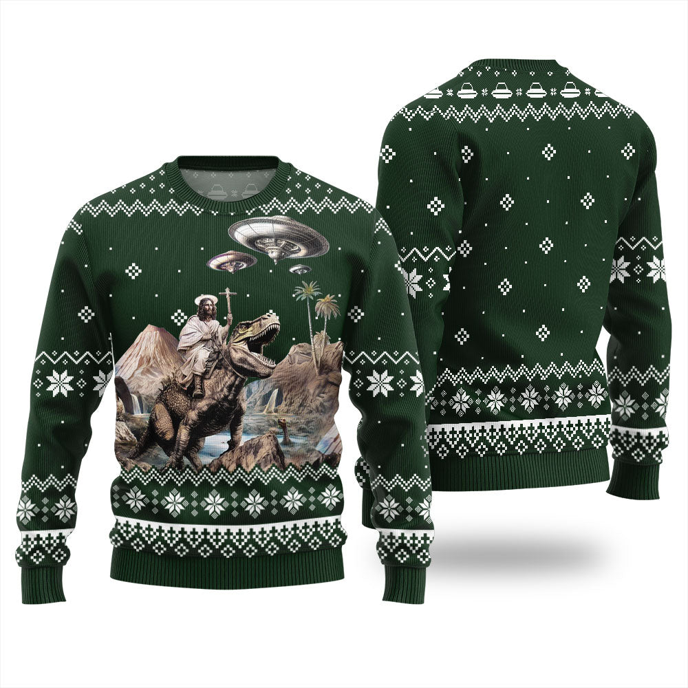 Jesus Riding On A Dinosaur Ugly Sweater Womens
