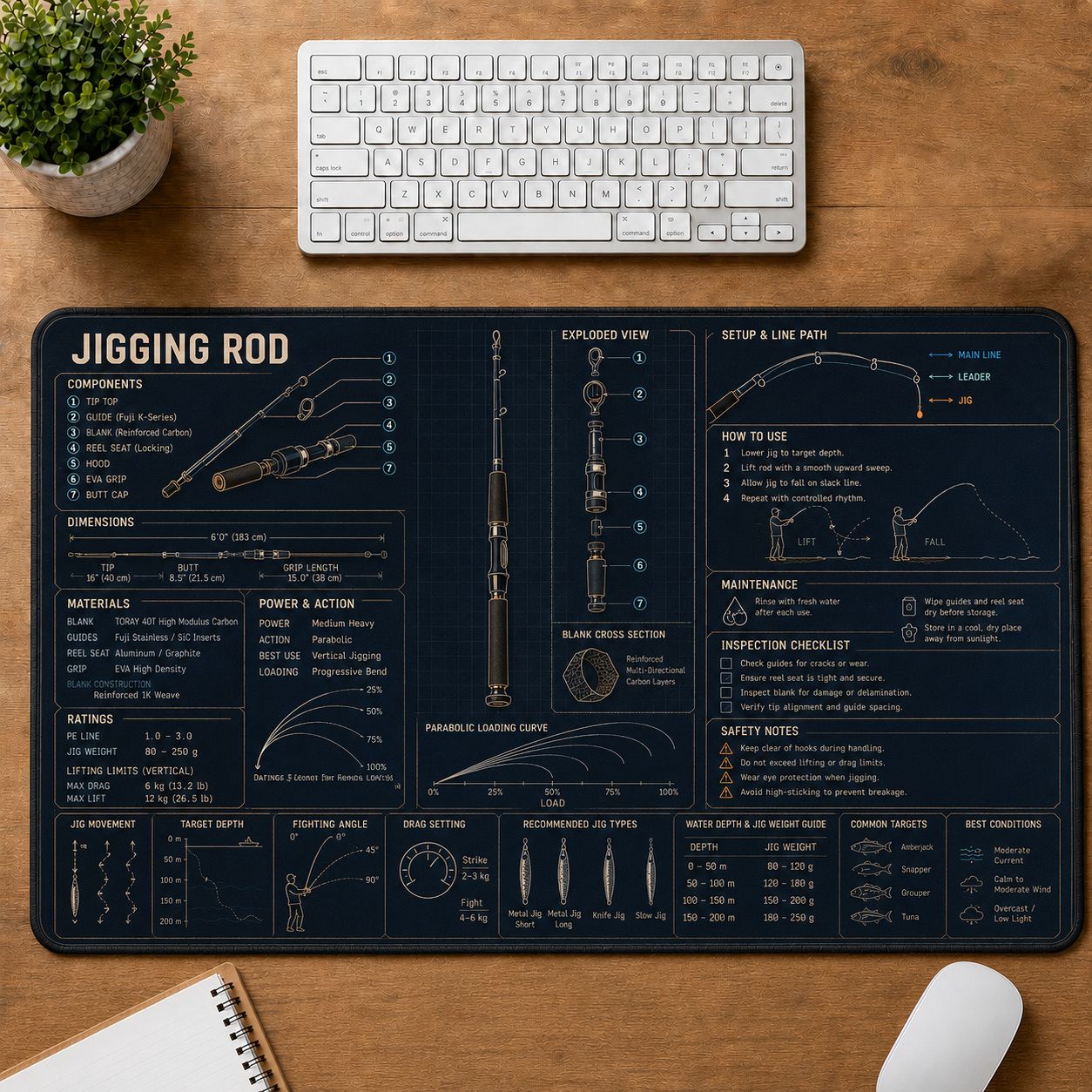 Jigging Rod Fishing Field Guide Desk Mat | 5To9Vibe