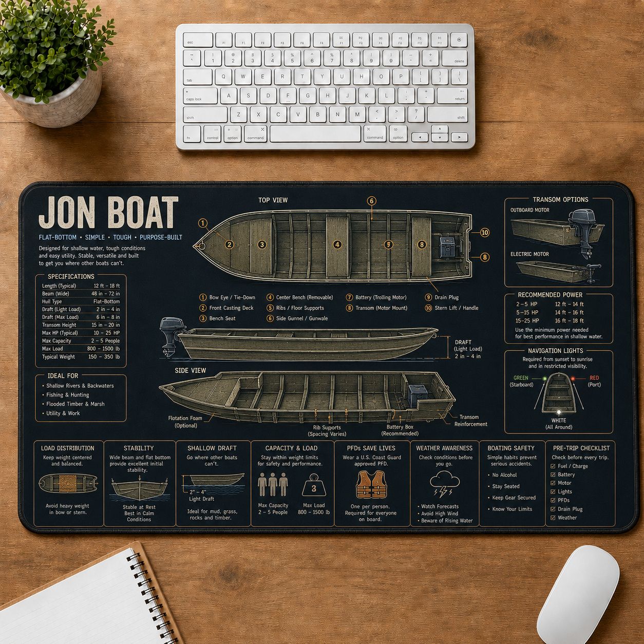 Jon Boat Fishing Field Guide Desk Mat | 5To9Vibe