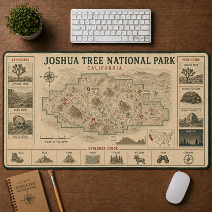 Joshua Tree National Park Vintage Topographic Park Map Explorer Guide Desk Mat | 5To9Vibe