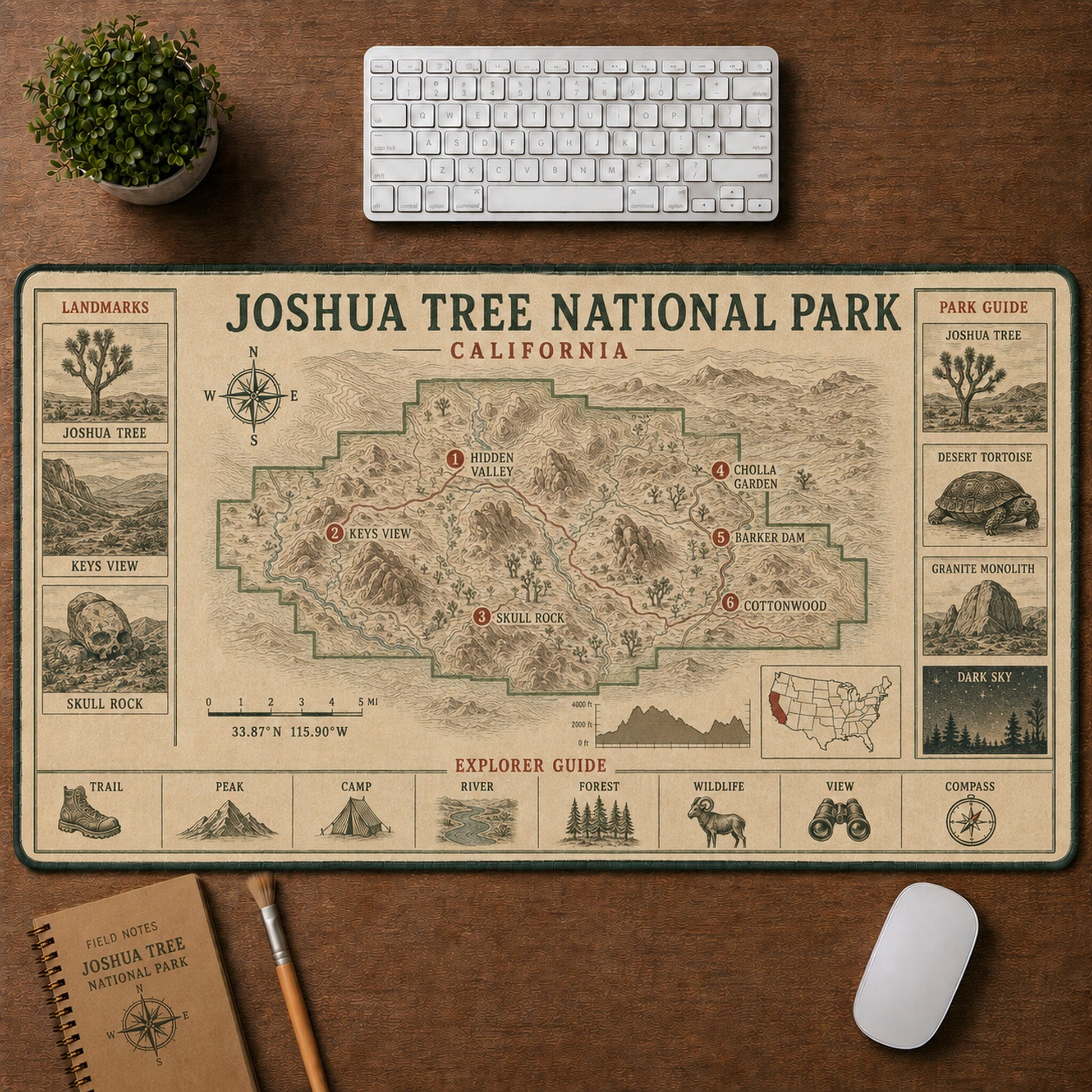 Joshua Tree National Park Vintage Topographic Park Map Explorer Guide Desk Mat | 5To9Vibe