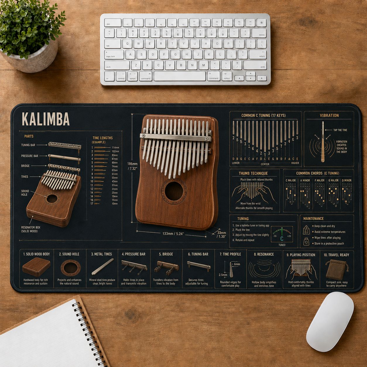 Kalimba Musical Instrument Blueprint Guide Desk Mat | 5To9Vibe