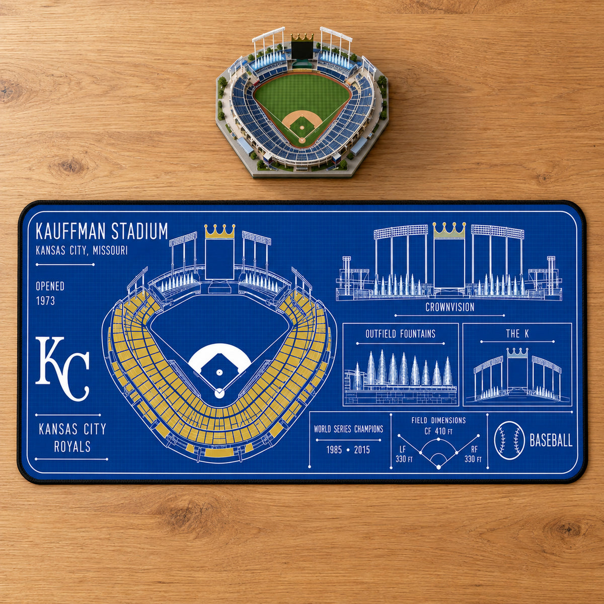 Kansas City Royals Kauffman Stadium blueprint desk mat, 16" x 32", on a wooden desk with a decorative stadium model