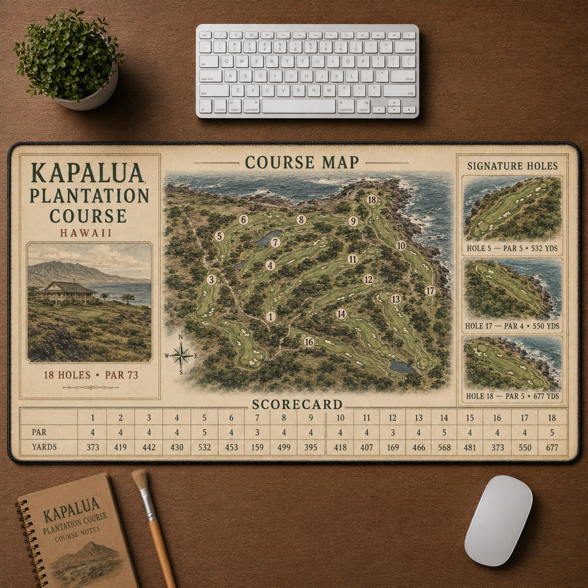 Kapalua Plantation Course Vintage Golf Course Map & Scorecard Guide Desk Mat | 5To9Vibe
