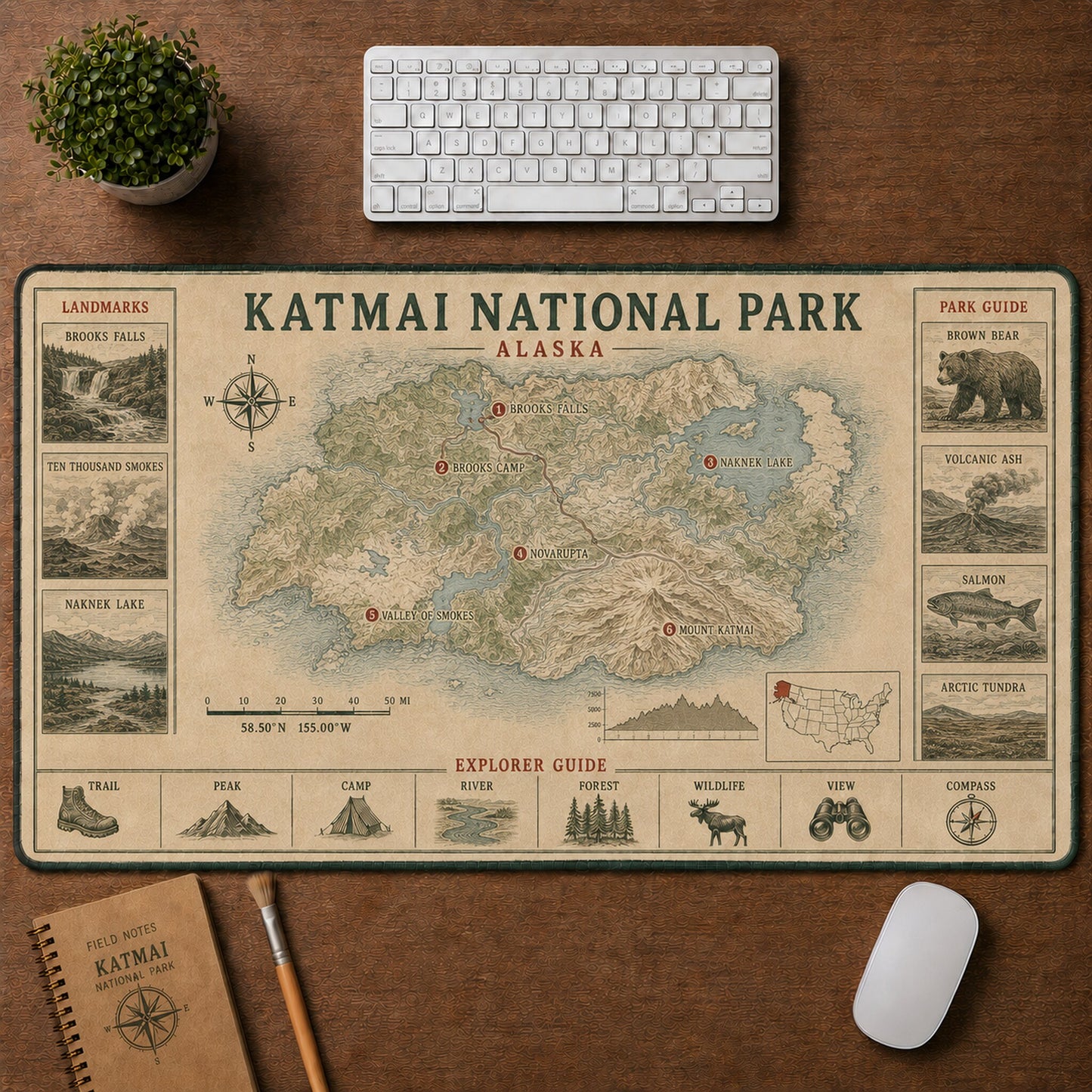 Katmai National Park Vintage Topographic Park Map Explorer Guide Desk Mat | 5To9Vibe