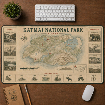 Katmai National Park Vintage Topographic Park Map Explorer Guide Desk Mat | 5To9Vibe